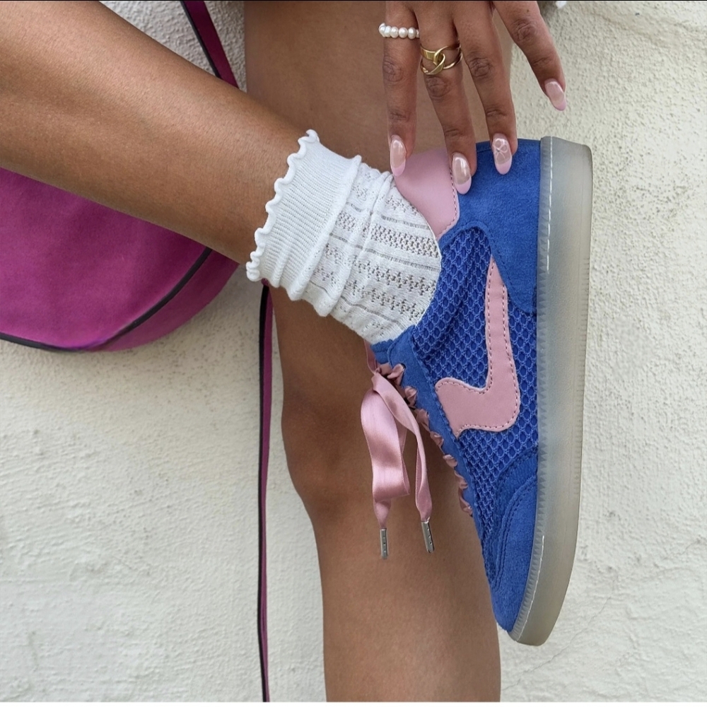 Dolce Vita Sneakers,EUC, Blue Suede And Pink Accents With Pink Laces Size 8.5